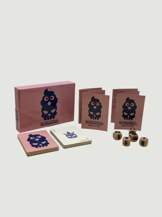 Cacahead card game box, decks, rules, and dice
