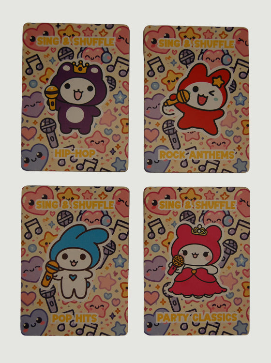 Four illustrated Sing and Shuffle karaoke cards
